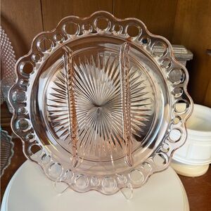 Elegant Pink Depression Glass Relish Plate with Intricate Lace Design